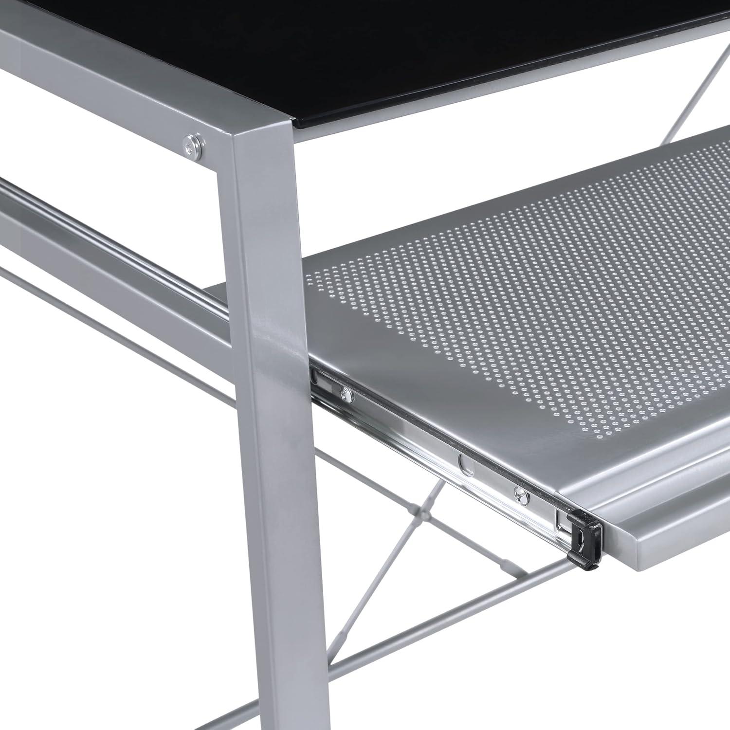 Zephyr Computer Desk with Black Tempered Glass Top and Silver Frame