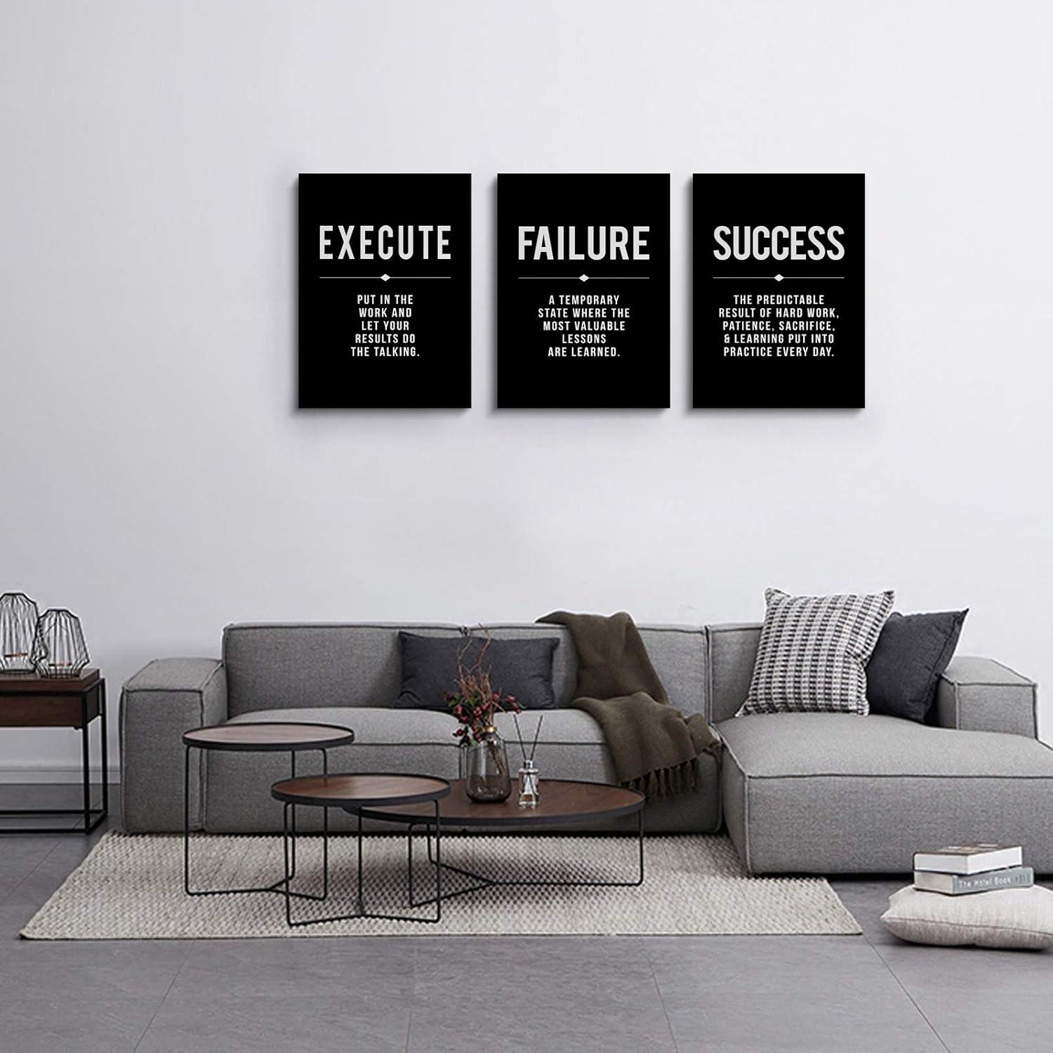 Framed Canvas Wall Art Success Quote For Office, Black Large Positive Motivational Poster, Set of 3, Execute Failure Definition, Inspirational Print (A-3pcs,12x16inchx3pcs)