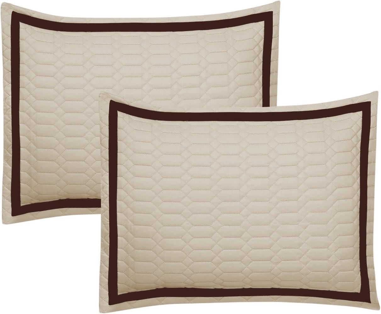 Elegant Beige Microfiber Queen Quilt Set with Geometrical Embroidery