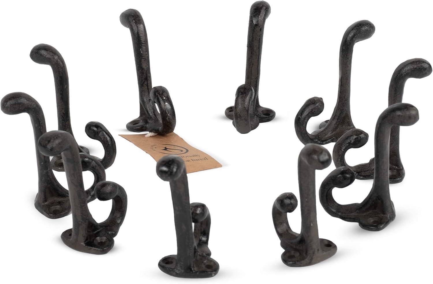 Black Cast Iron Wall Mount Hooks Set of 10