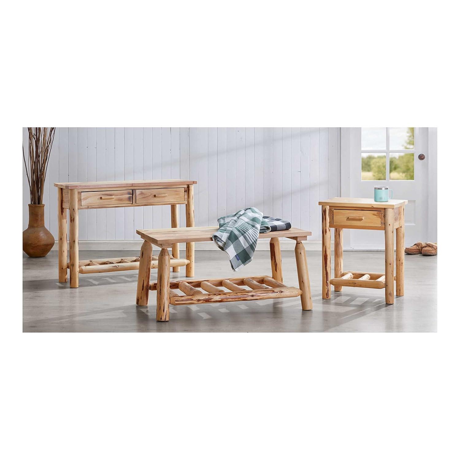 Rustic Pine Wood Rectangular Coffee Table with Storage