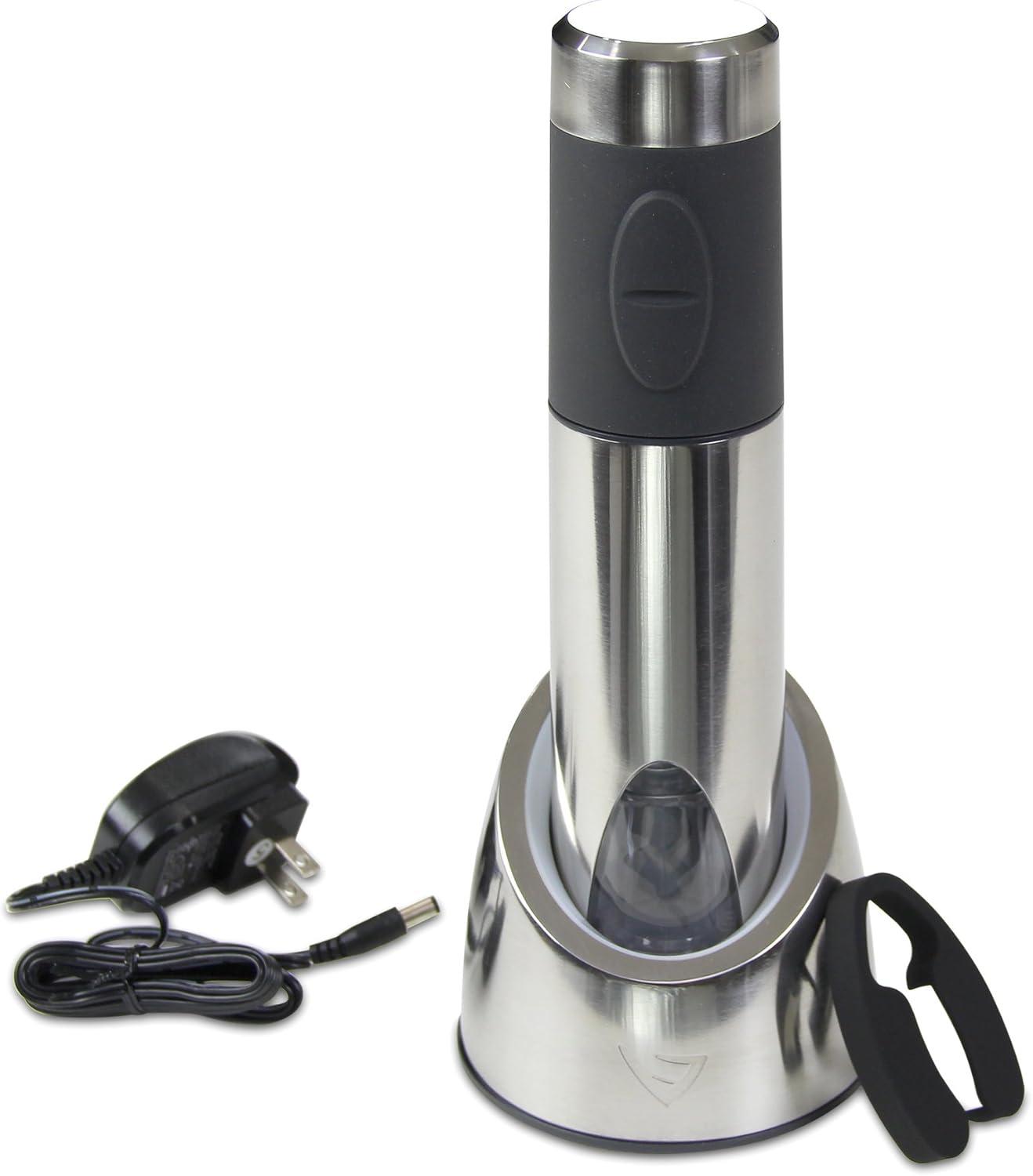 Electric Rechargeable Silver Wine Opener with Charging Base and Foil Cutter