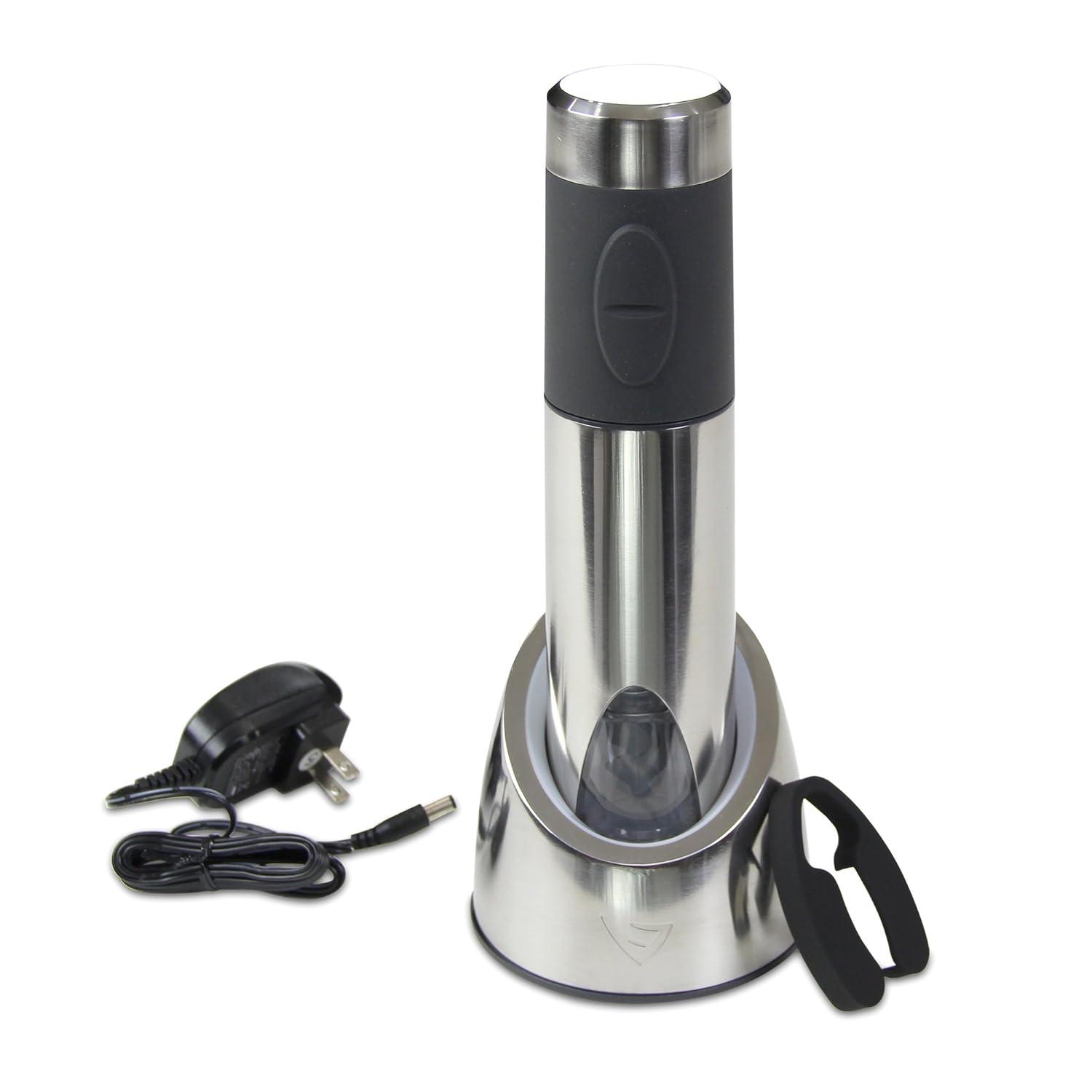 Electric Rechargeable Silver Wine Opener with Charging Base and Foil Cutter