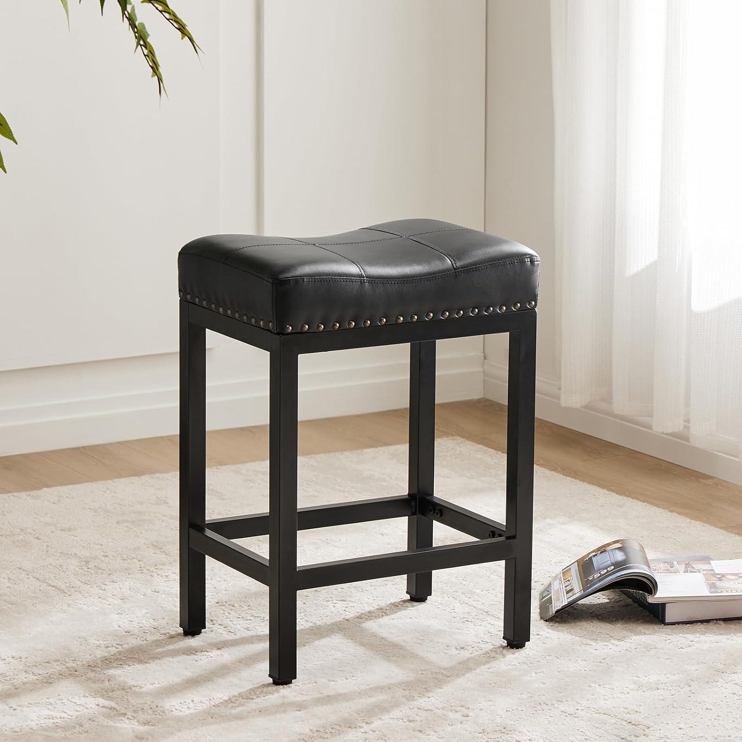 edx Bar Stools Set of 2, Modern Counter Height, 24 Inch Kitchen Barstools with Metal Base, PU Leather Saddle Seats for Kitchen Island, Black