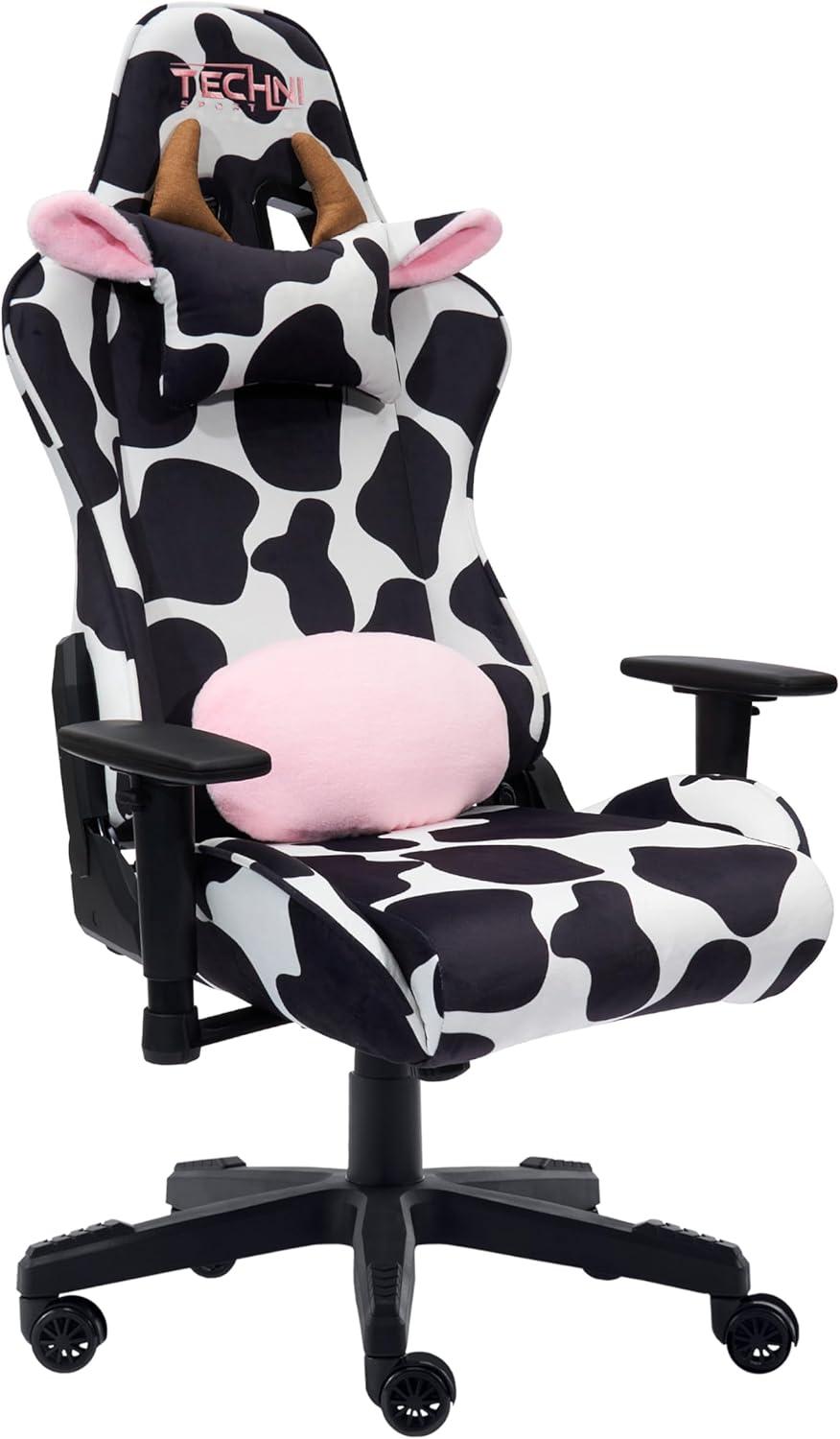 Ts85 Cow Print Luxx Series Gaming Chair Cow - Techni Sport: Velvet Upholstery, Memory Foam, Adjustable