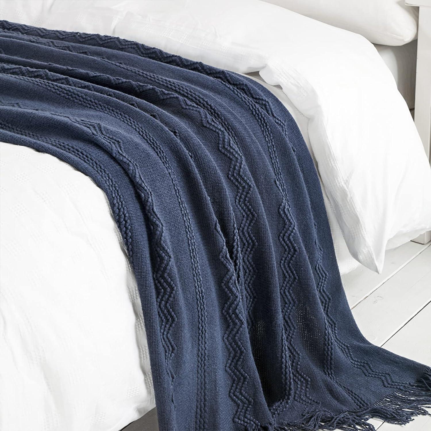 Battilo Navy Blue Throw Blanket for Couch Bed Chair, knit Throw Blanket With Fringe Decorative Sofa Blanket, Soft Lightweight Throws in Home, 50x60 inches