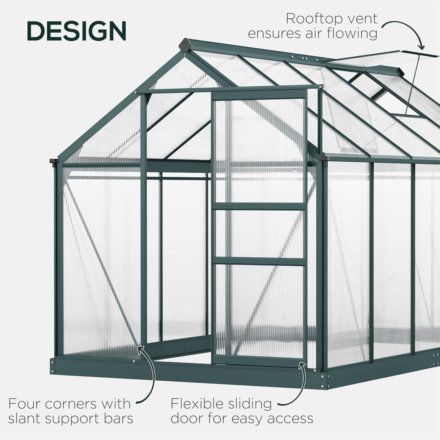 Outsunny Polycarbonate Greenhouse, Heavy Duty Outdoor Aluminum Walk-in Green House Kit with Vent & Door for Backyard Garden