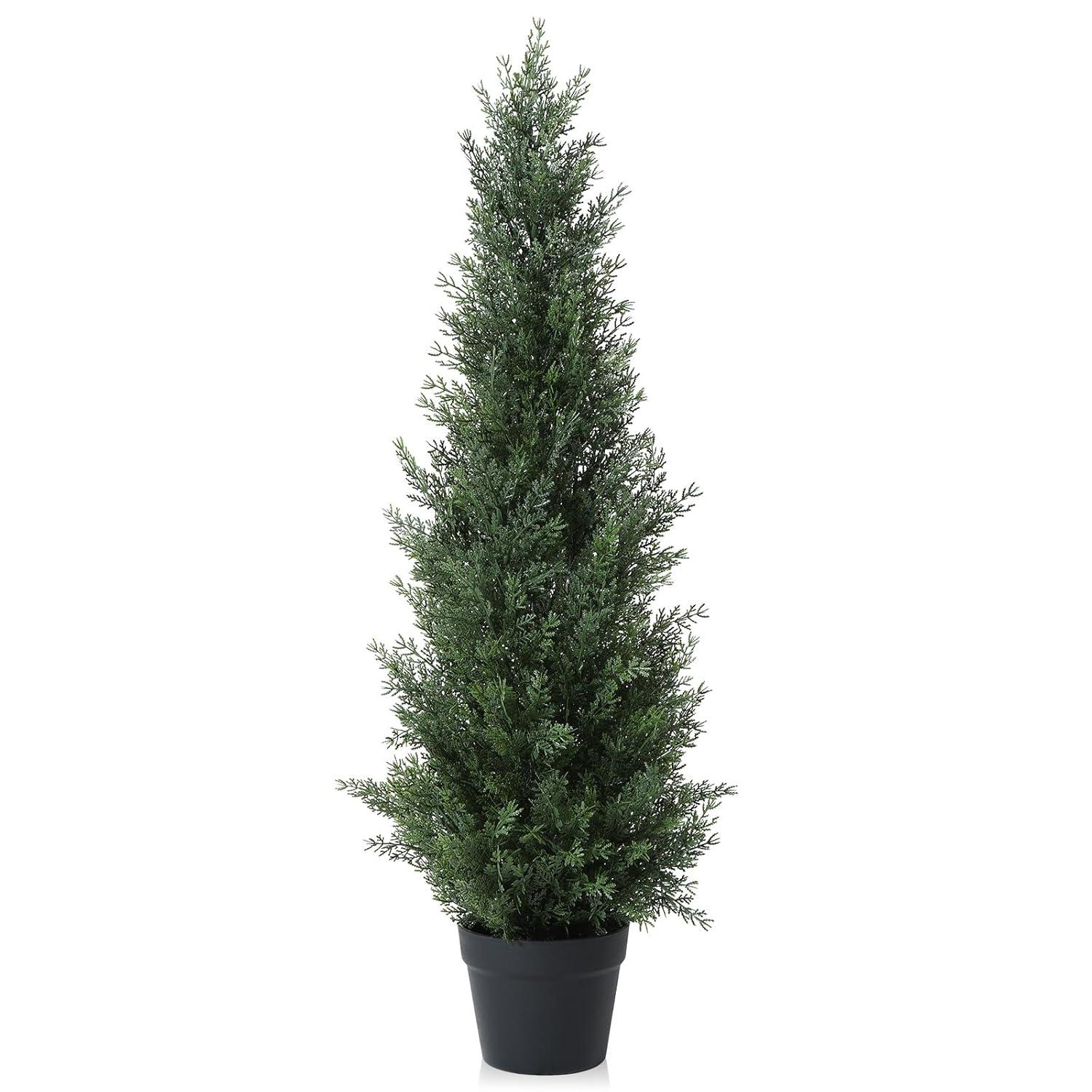 5ft Artificial Cedar Topiary Trees for Outdoors, Fake Cypress Plants with Solar Light String, Faux uv resistant Plants for Home Front Porch Decor, Housewarming Gift