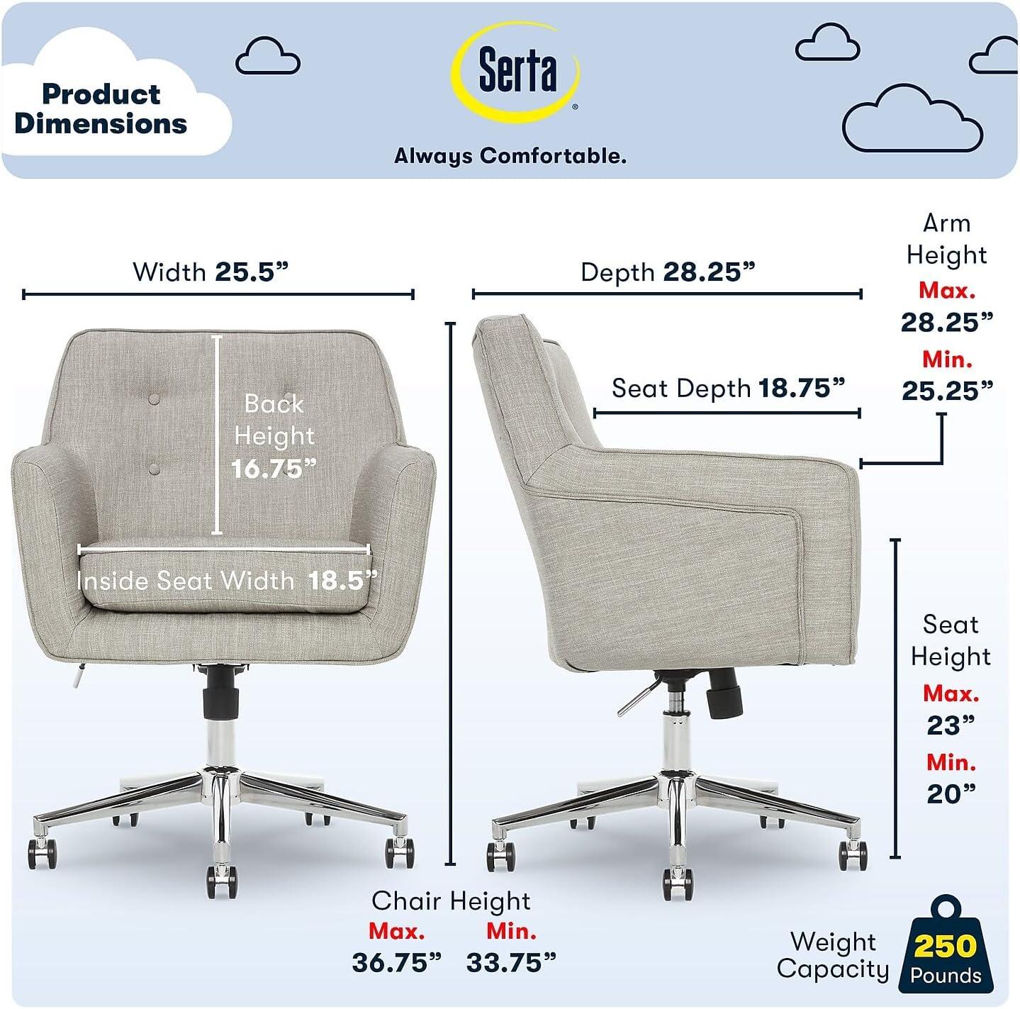 Serta Ashland Modern Office Chair, Mid-Back, Quality Memory Foam Cushion, Metal Base Chrome Finish