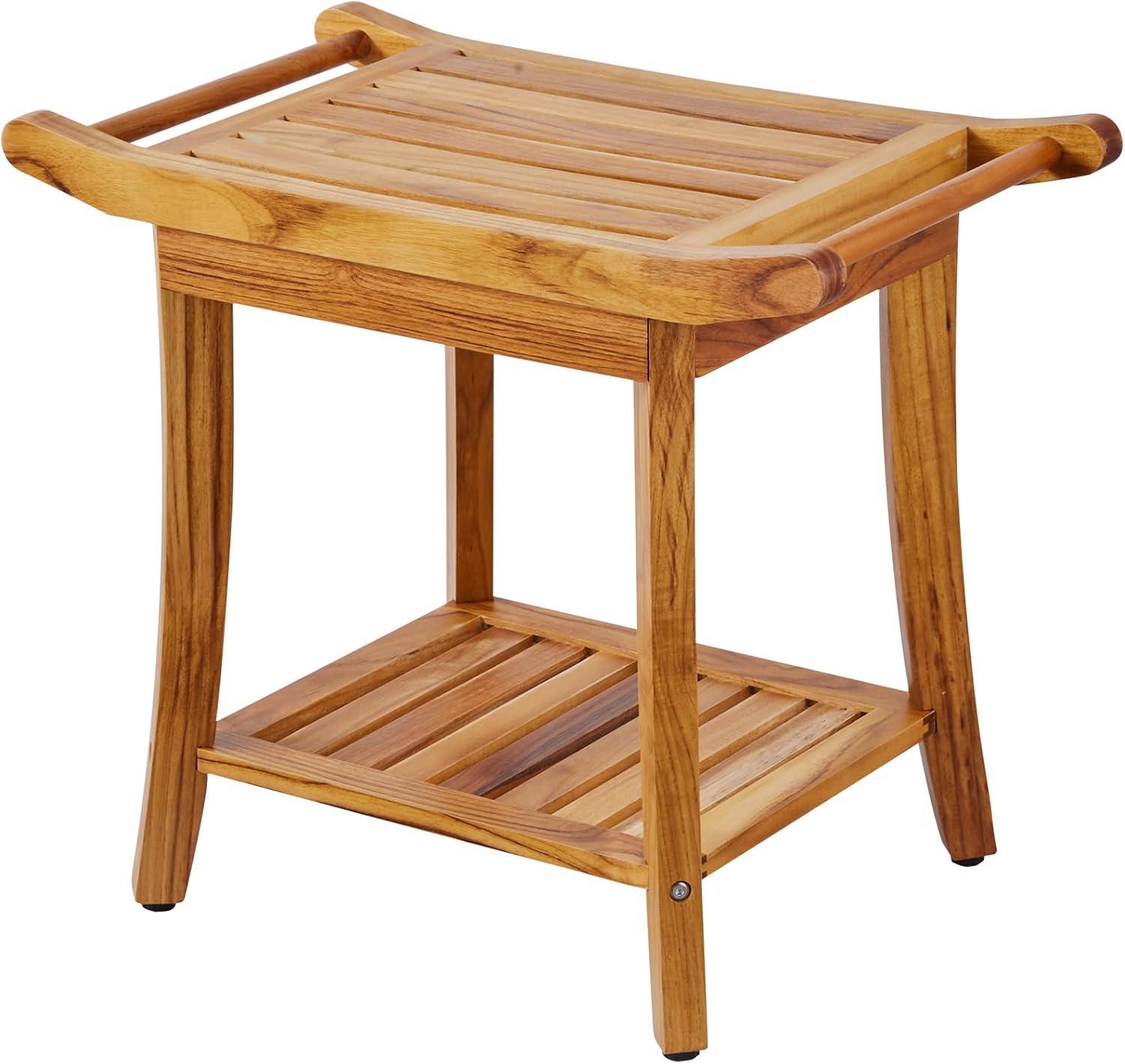 Teak Wood Shower Bench with Handles and Storage Shelf