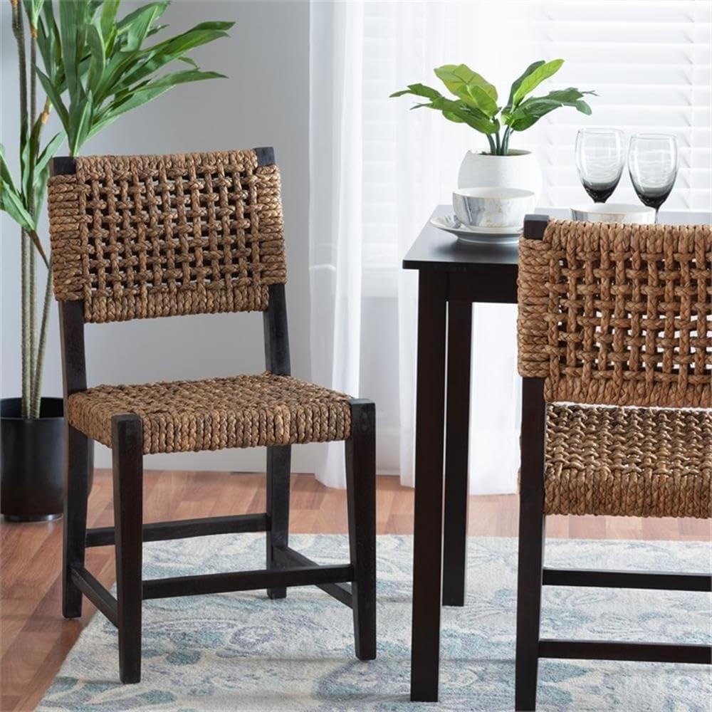 bali & pari Alise Modern Bohemian Dark Brown Mahogany Wood and Seagrass Dining Chair