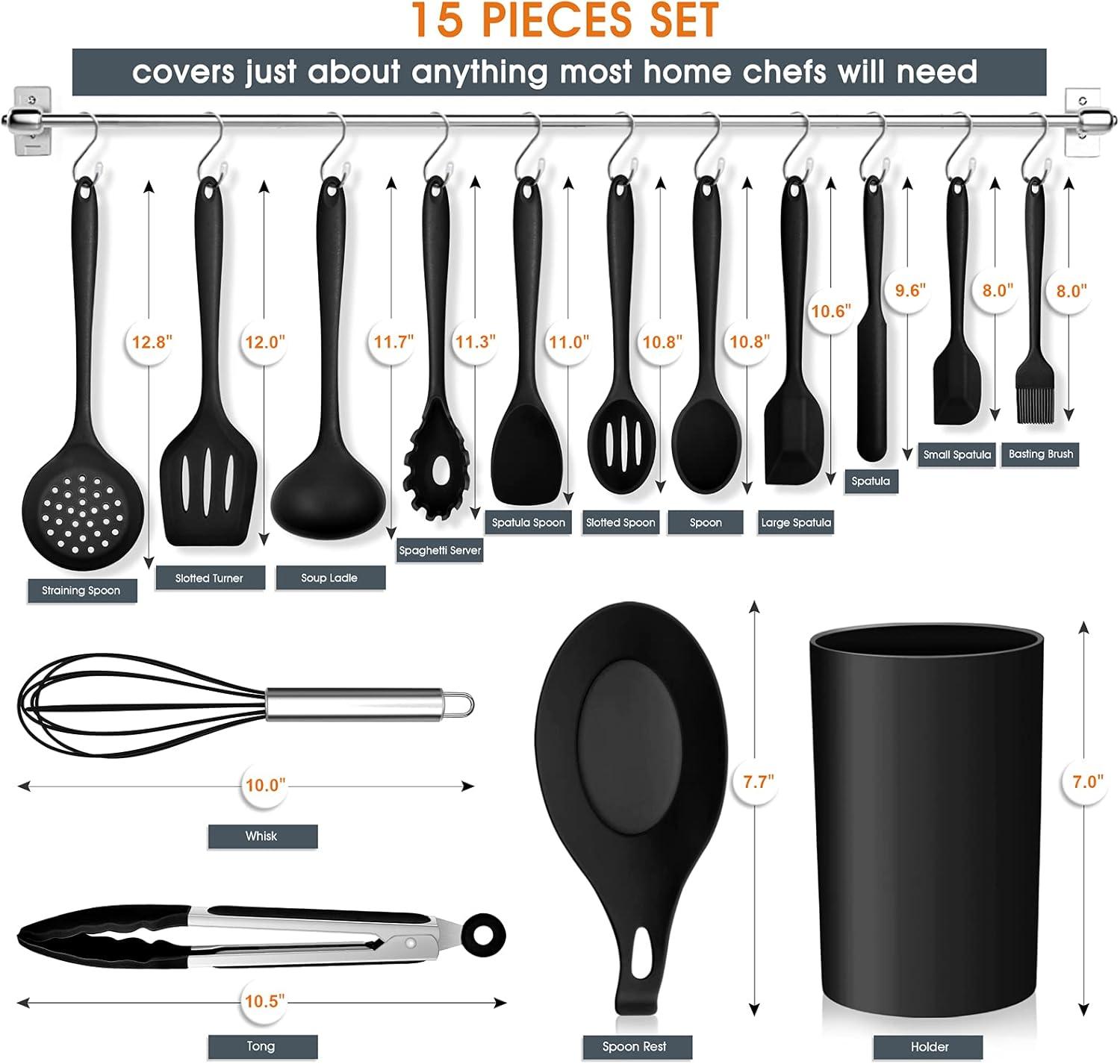 15-Piece Black Silicone Cooking Utensil Set with Holder