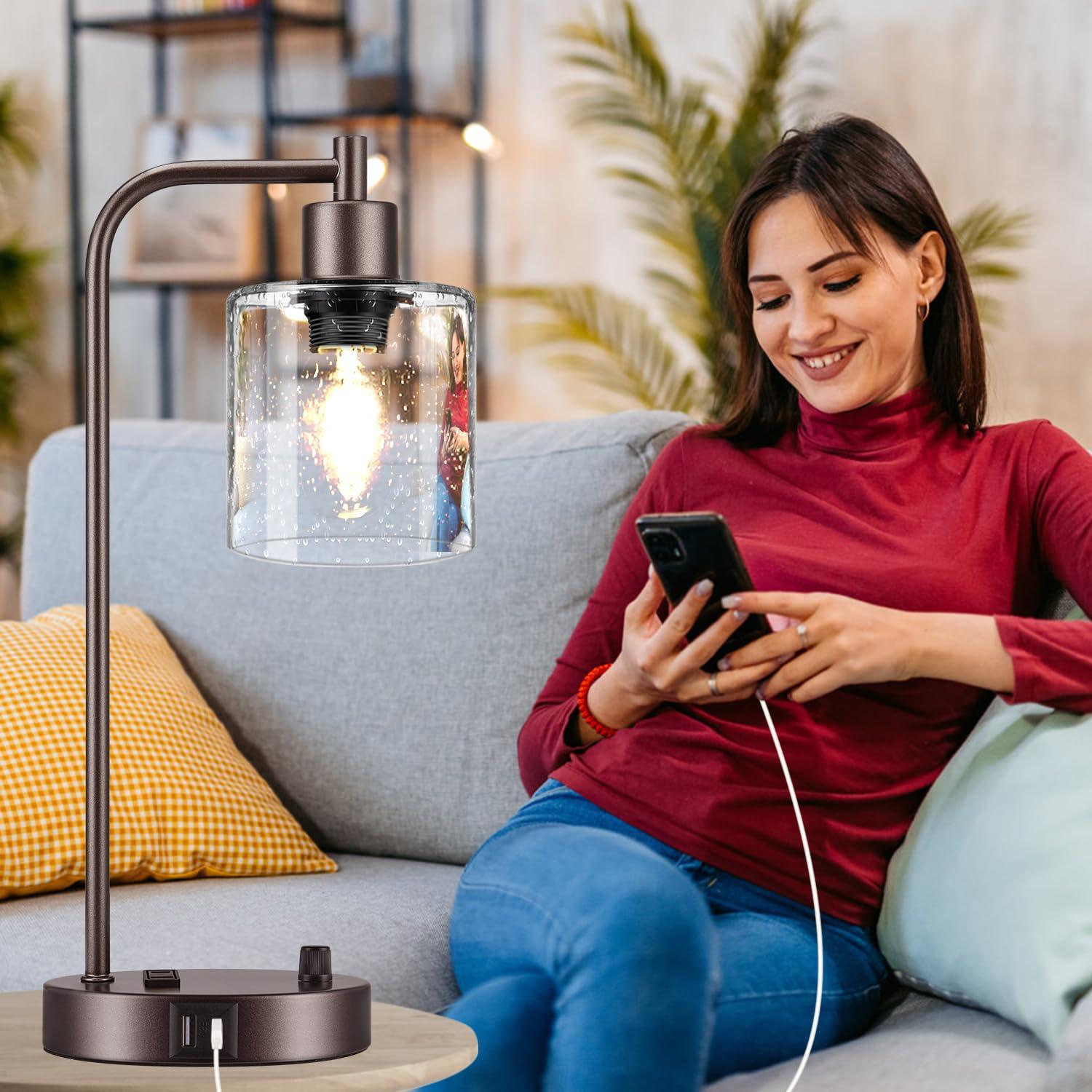 【Upgraded】Set of 2 Industrial Table Lamps with 2 USB Port, Fully Stepless Dimmable Bedside Lamps for Bedroom, Nightstand Desk Lamps with Glass Shade for Bedroom Living Room Office 2 LED Bulb Included
