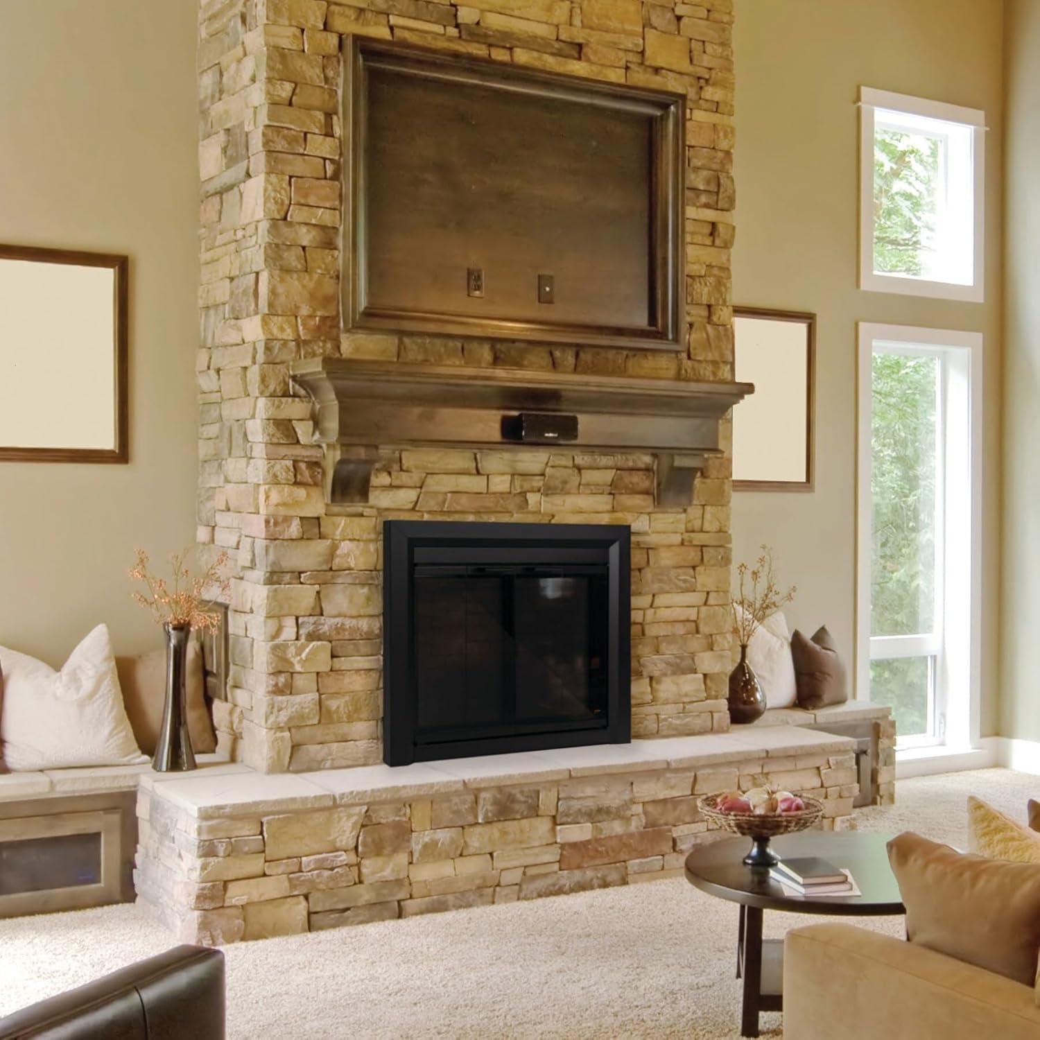 Pleasant Hearth Clairmont Fireplace Screen and Bi-Fold Track-Free Smoked Glass Doors - Black