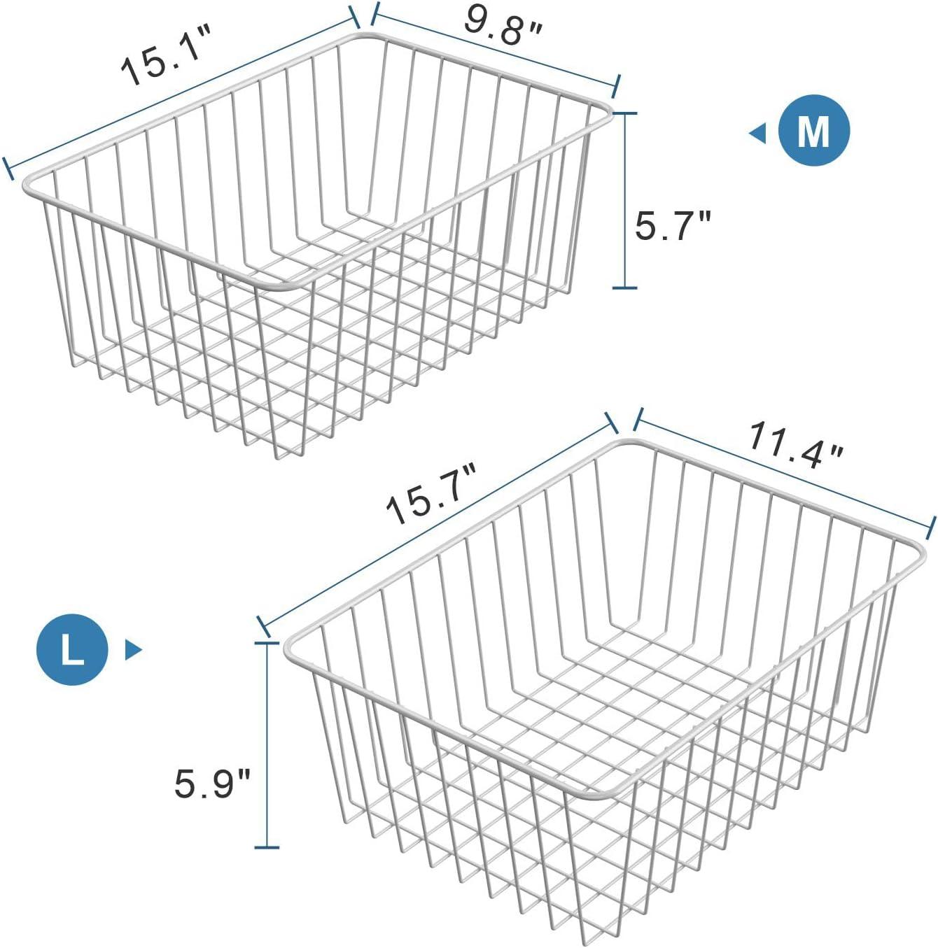 4 Pack Metal Wire Food Storage Basket for Kitchen, Decorative Baskets for Shelves, Basket Organizer with Handles, Large Bathroom Decor Organizer for Organizing,Household Pantry Baskets,White
