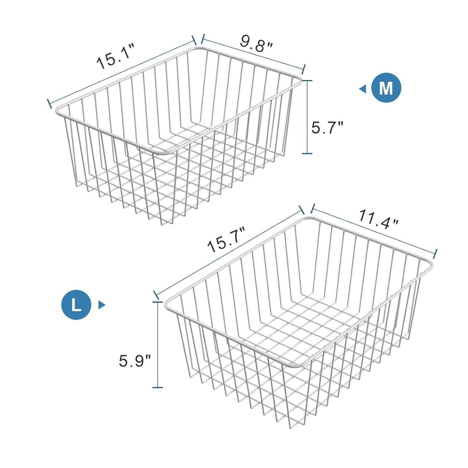 4 Pack Metal Wire Food Storage Basket for Kitchen, Decorative Baskets for Shelves, Basket Organizer with Handles, Large Bathroom Decor Organizer for Organizing,Household Pantry Baskets,White