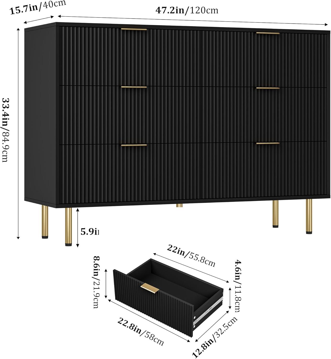 Garvee Fluted Wood Dresser 6 Drawers Dresser for Bedroom, Large Modern Chest of Drawers, Black Dresser with Gold Handle,for Living Room, Hallway
