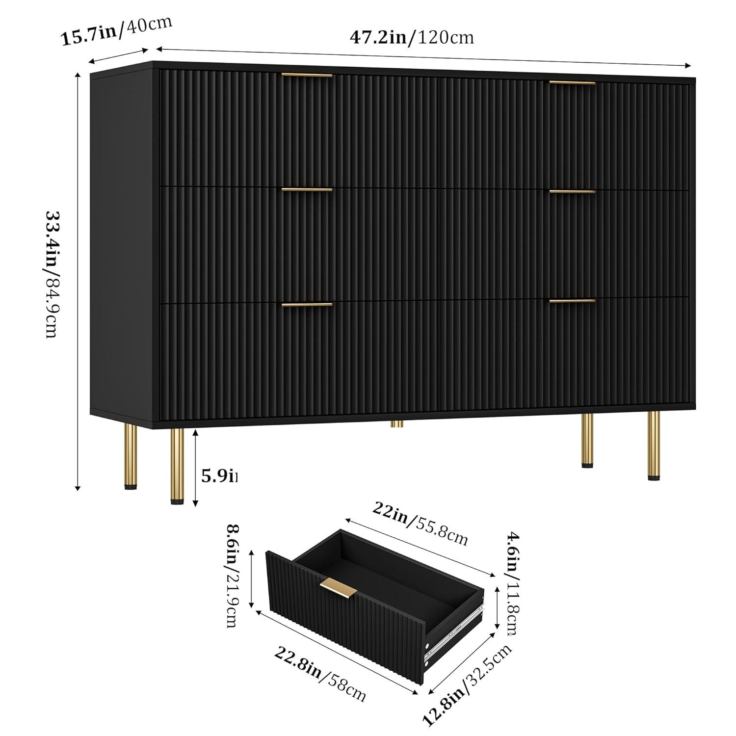 Garvee Fluted Wood Dresser 6 Drawers Dresser for Bedroom, Large Modern Chest of Drawers, Black Dresser with Gold Handle,for Living Room, Hallway
