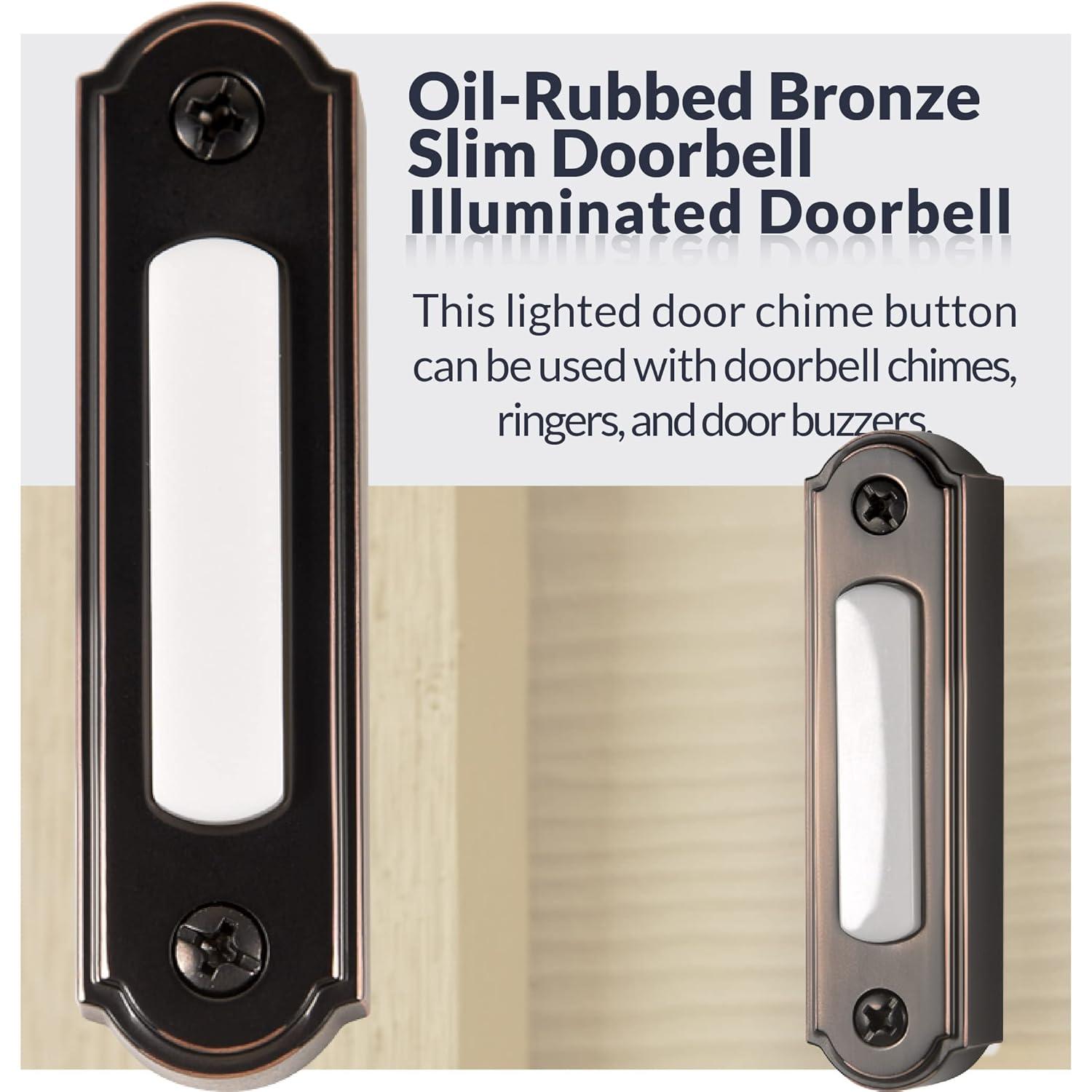 Newhouse Hardware LED Lighted Metal Door Chime Push Button (Oil-Rubbed Bronze) | Surface Mount Lighted Door Bell Button | Replacement Wired Doorbell Button for Most Door Bell Chimes