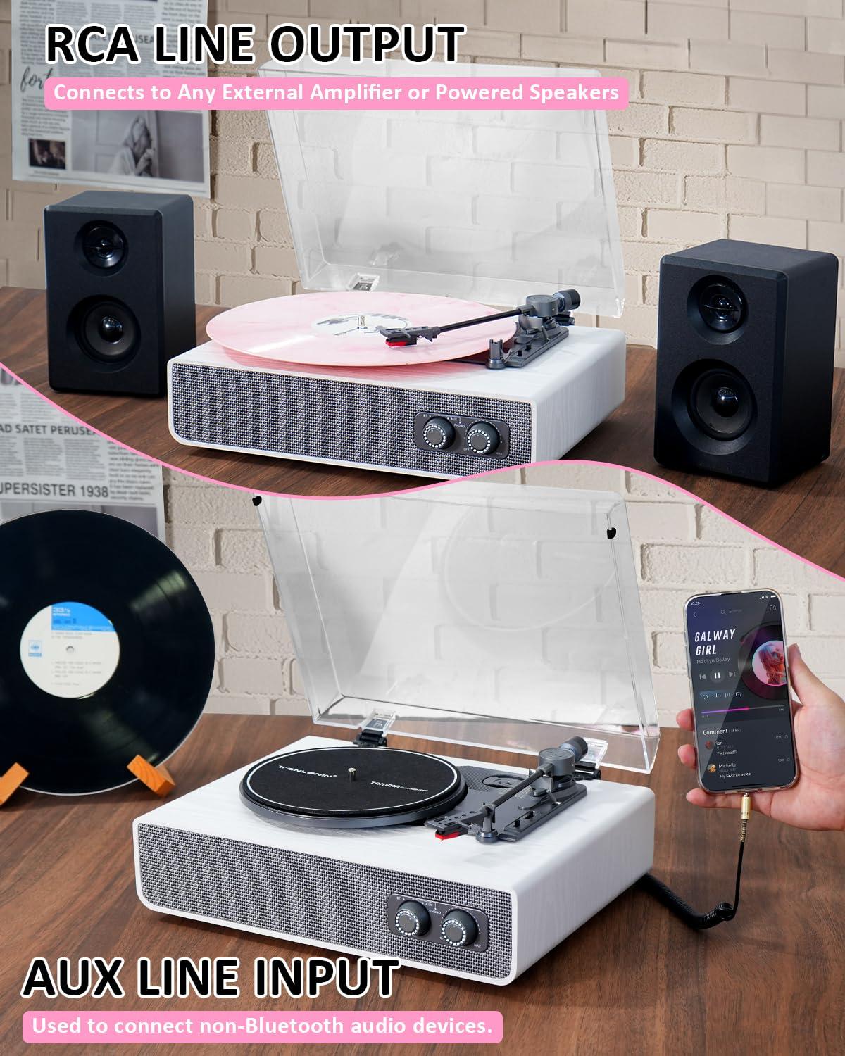 Vinyl Record Player with Upgraded Built-in Speakers, 3-Speed Belt-Driven Bluetooth Turntable for Vinyl Records, White Wood Grain Vintage Phonograph with RCA Out & AUX in, Auto Stop, MDF Cabinet