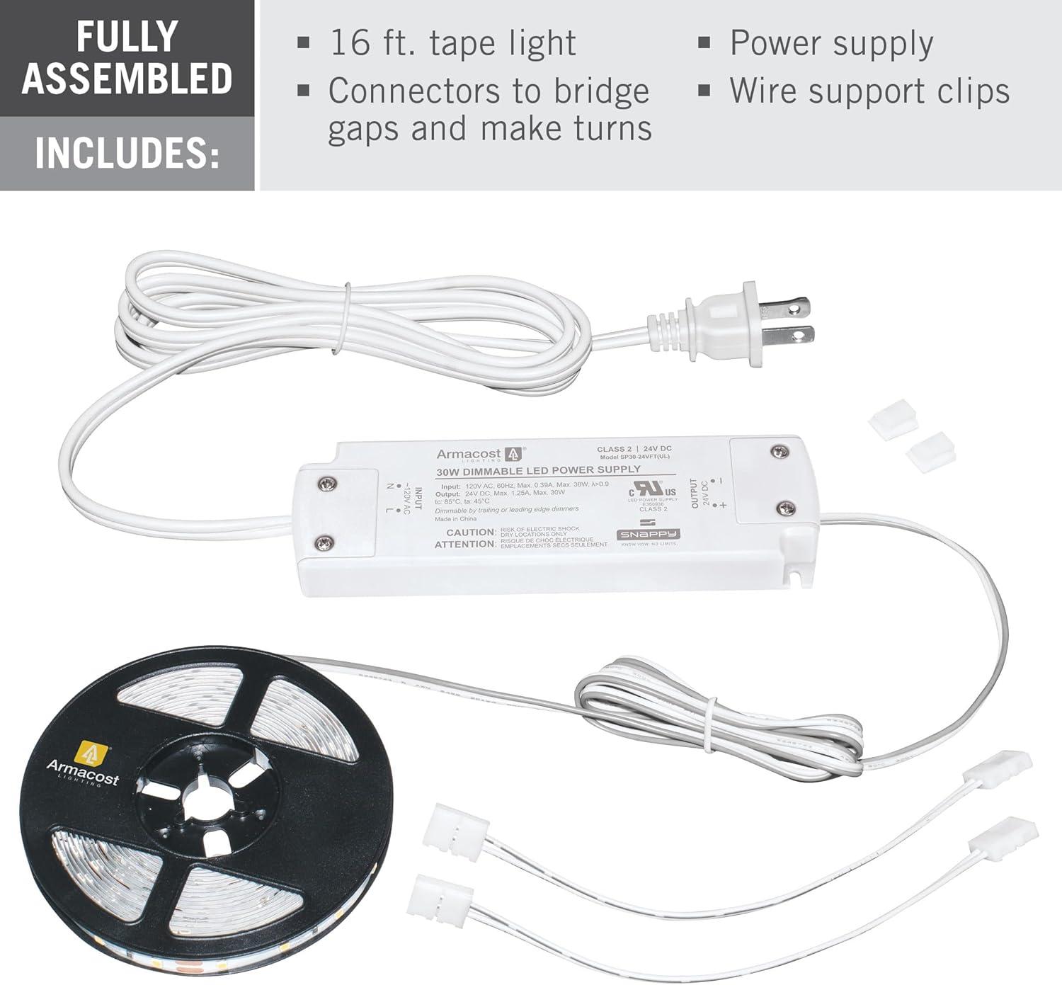 16 ft Warm White Dimmable LED Tape Light Kit