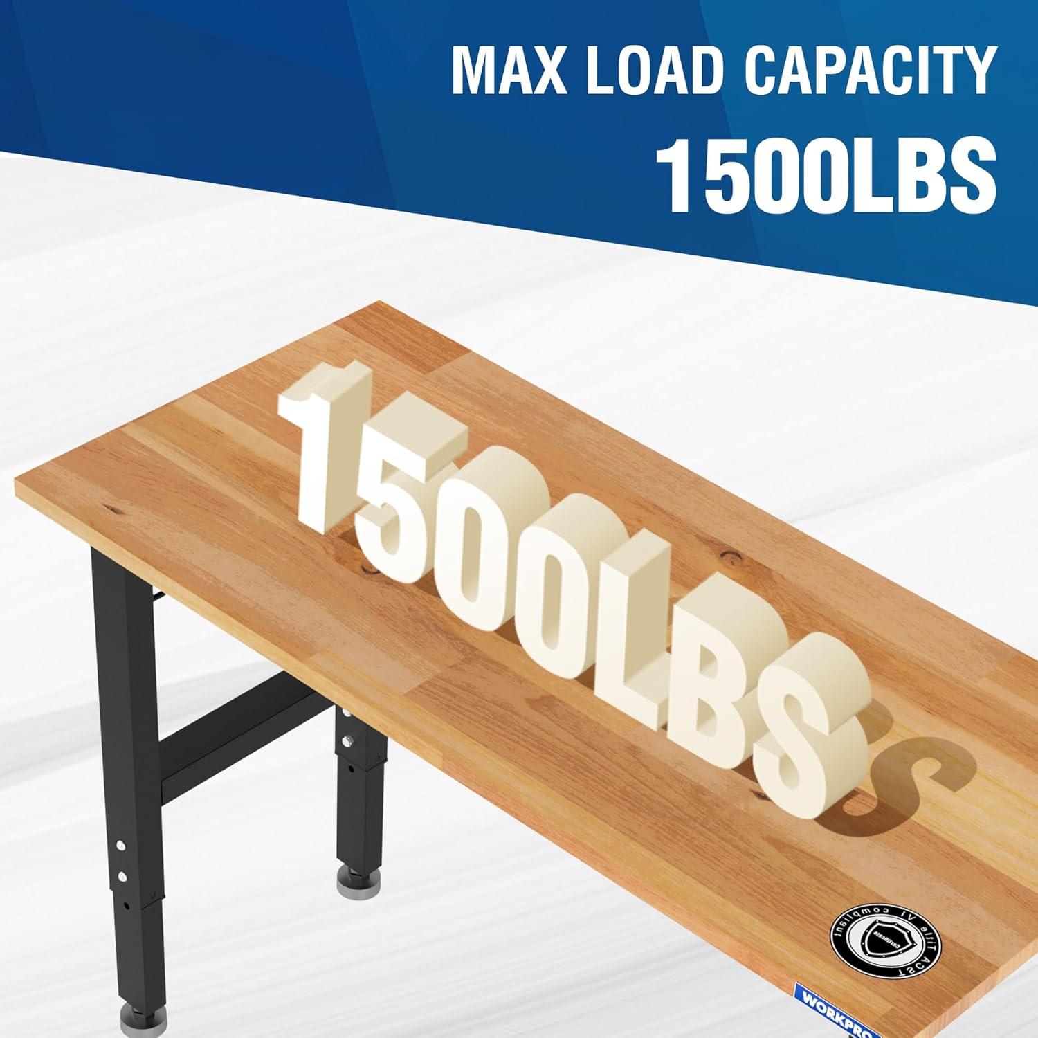 WORKPRO Adjustable Garage Workbench, 48"x22" Rubber Wood Top Heavy-Duty Work Desk with Power Outlets, Leveling Foot, 5 Heights, 1500 LBS Load Capacity Work Benches for Garage, Workshop