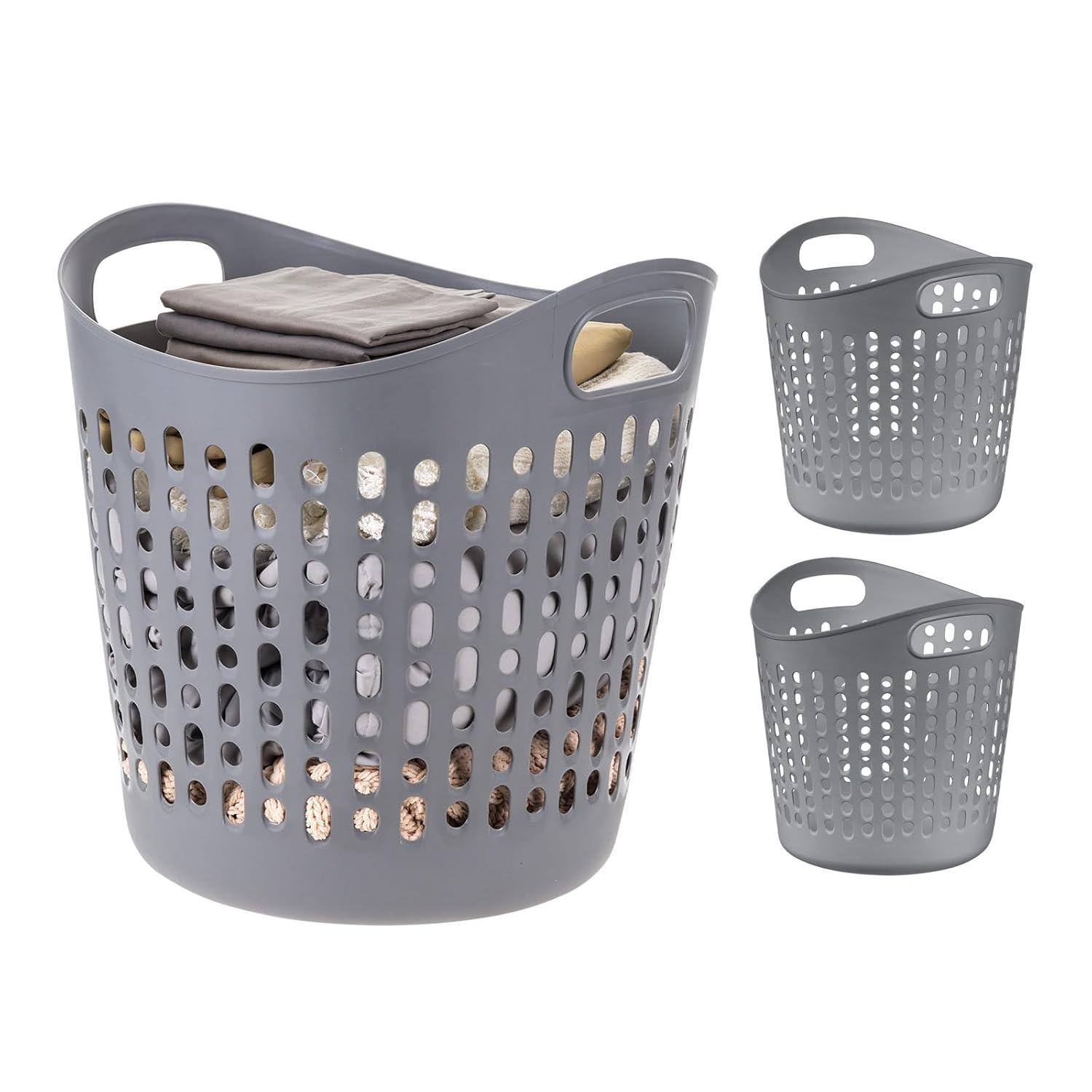 IRIS 3Pack Laundry Basket 40L Durable and Flexible, Portable Round Bin, 1.15 Bushel Hamper for Storage with Ventilation Holes for Closet Dorm, Gray