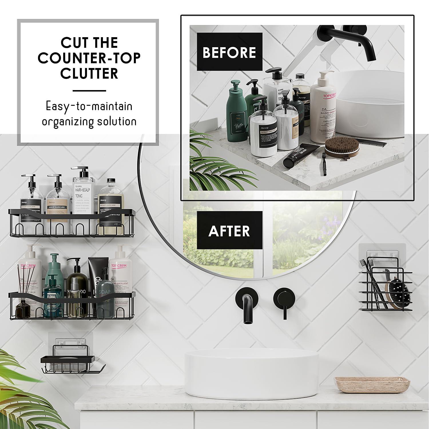 Clara Clark Bathroom Set - White Bathroom Accessories Set, 6PC Bathroom Accessory Set, Bathroom Sets with Adhesive Corner Shower Caddy Hanging, Toilet Brush, Trash Can & Soap Dispenser