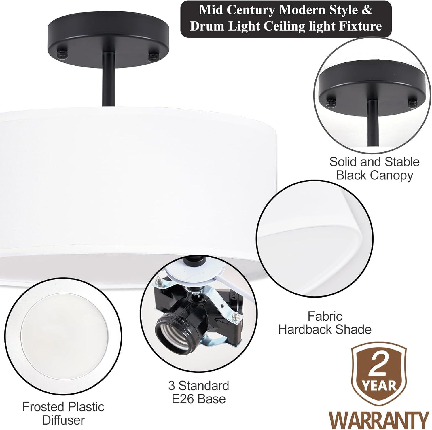 Bargeni Semi Flush Mount Ceiling Light,13 inch Modern 3-Light Ceiling Light Fixture,Black Semi Flush Mount Light Fixture,Flush Mount Lighting for Bedroom,Dinning Room and Hallway