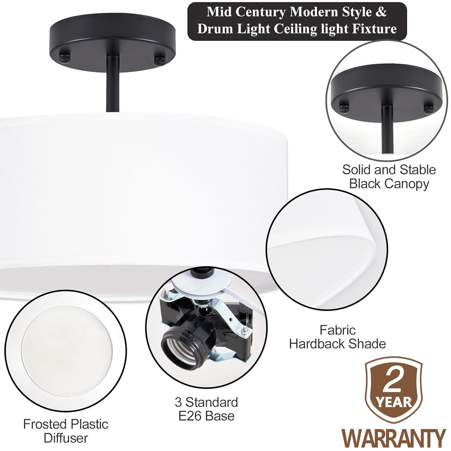 Bargeni Semi Flush Mount Ceiling Light,13 inch Modern 3-Light Ceiling Light Fixture,Black Semi Flush Mount Light Fixture,Flush Mount Lighting for Bedroom,Dinning Room and Hallway