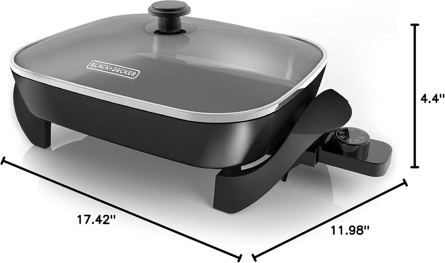 Black and Silver 12" x 15" Nonstick Electric Skillet with Tempered Glass Lid