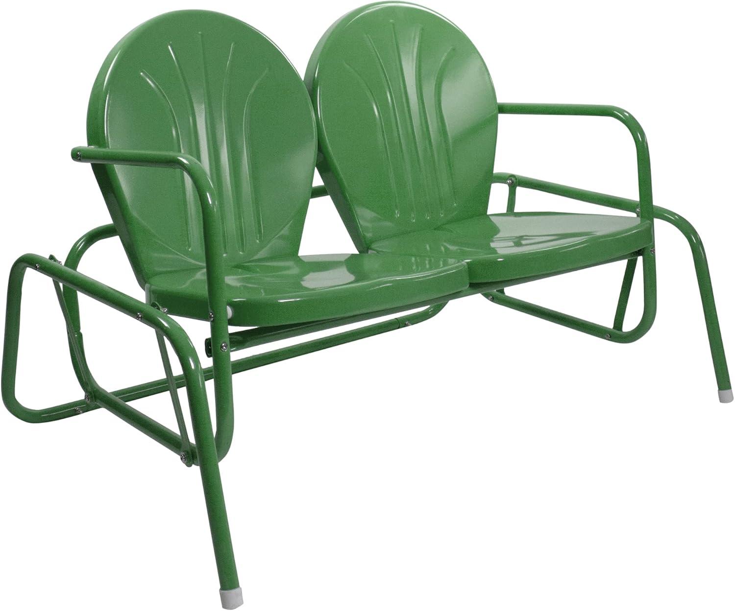 Green Retro Metal Double Glider Patio Chair with Powder-Coated Finish