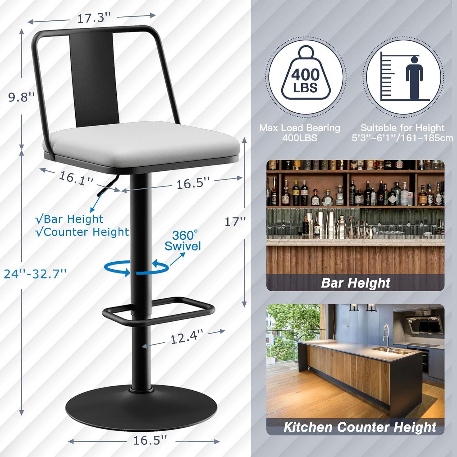 Metal Swivel Barstools Set of 2, Enlarged PU Leather Seat with Metal Back, Adjustable from 24" to 33" for Counter Height & Bar Height, Modern Design for Kitchen and Restaurant,MatteBlack
