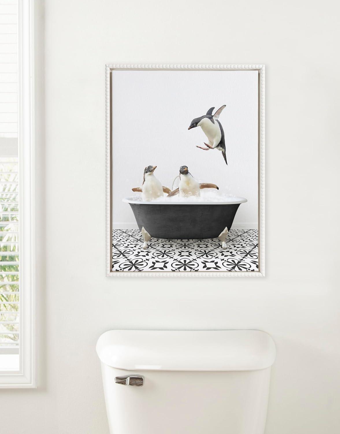 18"x24" Sylvie Beaded Penguins in Black and White Stencil Bath Framed Canvas by Amy Peterson White - Kate & Laurel All Things Decor