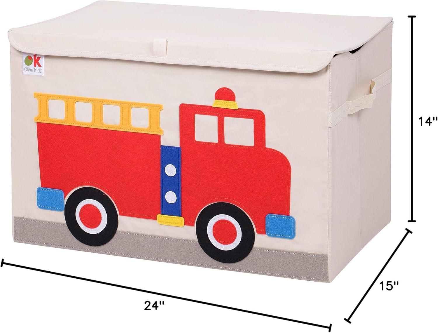 Kids Beige Fabric Toy Chest with Fire Truck Design