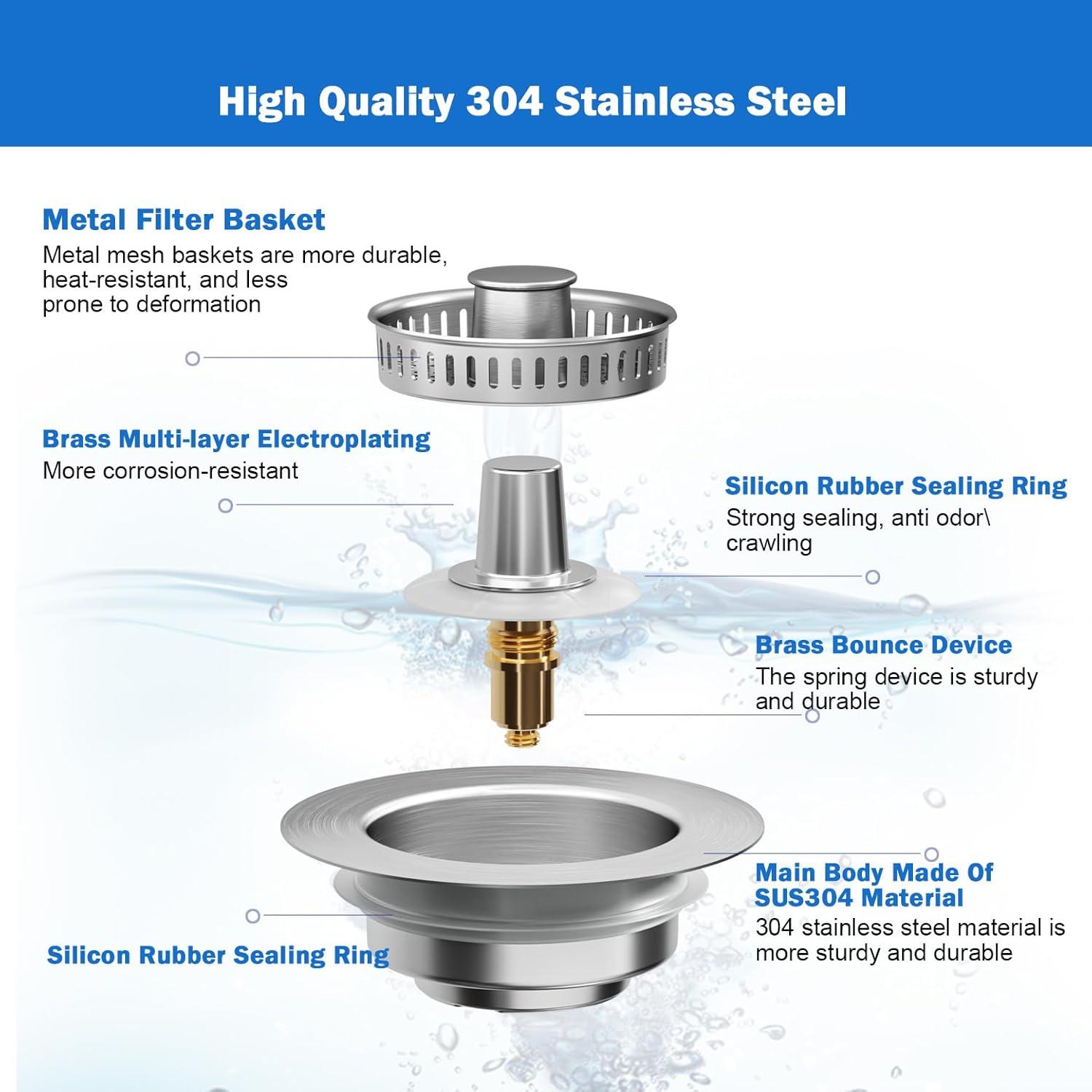 2PCS Upgraded 3 in 1 Kitchen Sink Drain Strainer,Anti-Clogging Sink Food Catcher Basket, Stainless Steel Pop-Up Kitchen Sink Stopper for US Standard 3-1/2 inch Kitchen Sink (Silver-2Pack)