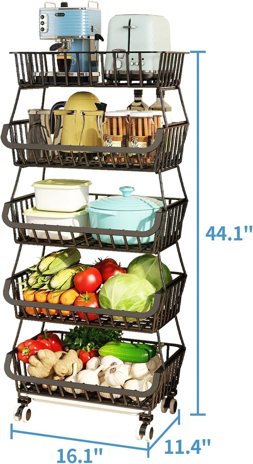 Wisdom Star 5 Tier, Kitchen Fruit Vegetable Storage Cart, Vegetable Basket Bins for Onions and Potatoes, Wire Storage Organizer Utility Cart with Wheels, Black