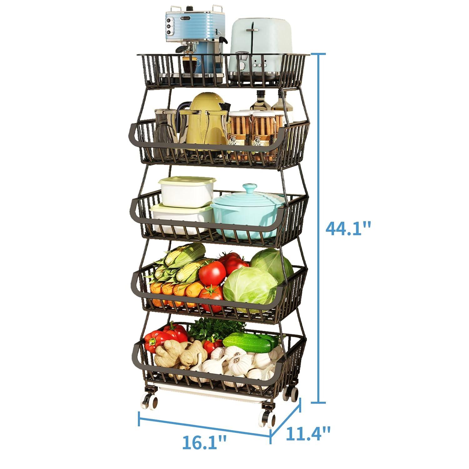 Wisdom Star 5 Tier, Kitchen Fruit Vegetable Storage Cart, Vegetable Basket Bins for Onions and Potatoes, Wire Storage Organizer Utility Cart with Wheels, Black