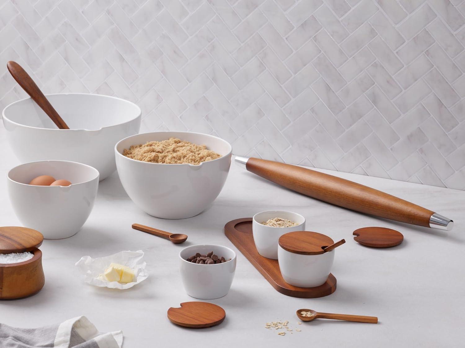 Nambé Duets Sugar & Creamer - White Porcelain & Acacia Wood Finish Set - 9.5" x 3.25" - with Lid & Spoon for Dining, Coffee & Tea Service