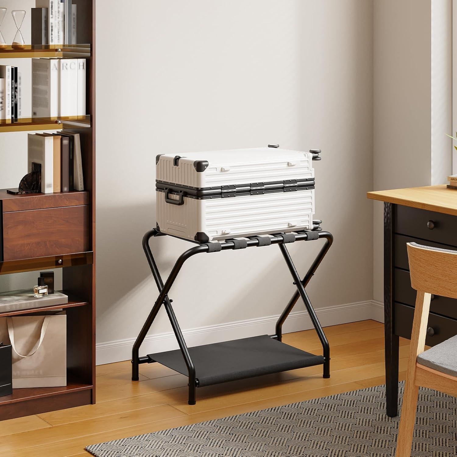 BINO Luggage Rack, Pack Of 2, Folding Suitcase Stand With Fabric Storage Shelf For Guest Room, Bedroom, Hotel, Holds Up To 100 Lb, 27 X 15.3 X 22 Inches, Space Saving