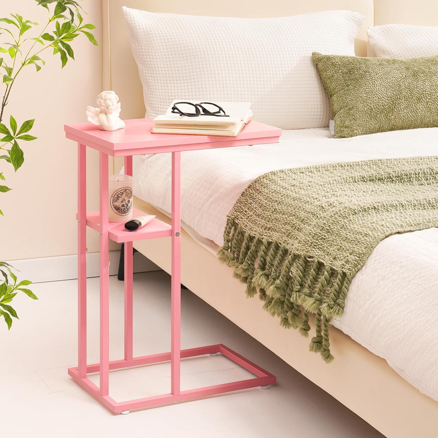 Pink C-Shaped Rustic End Table for Small Spaces