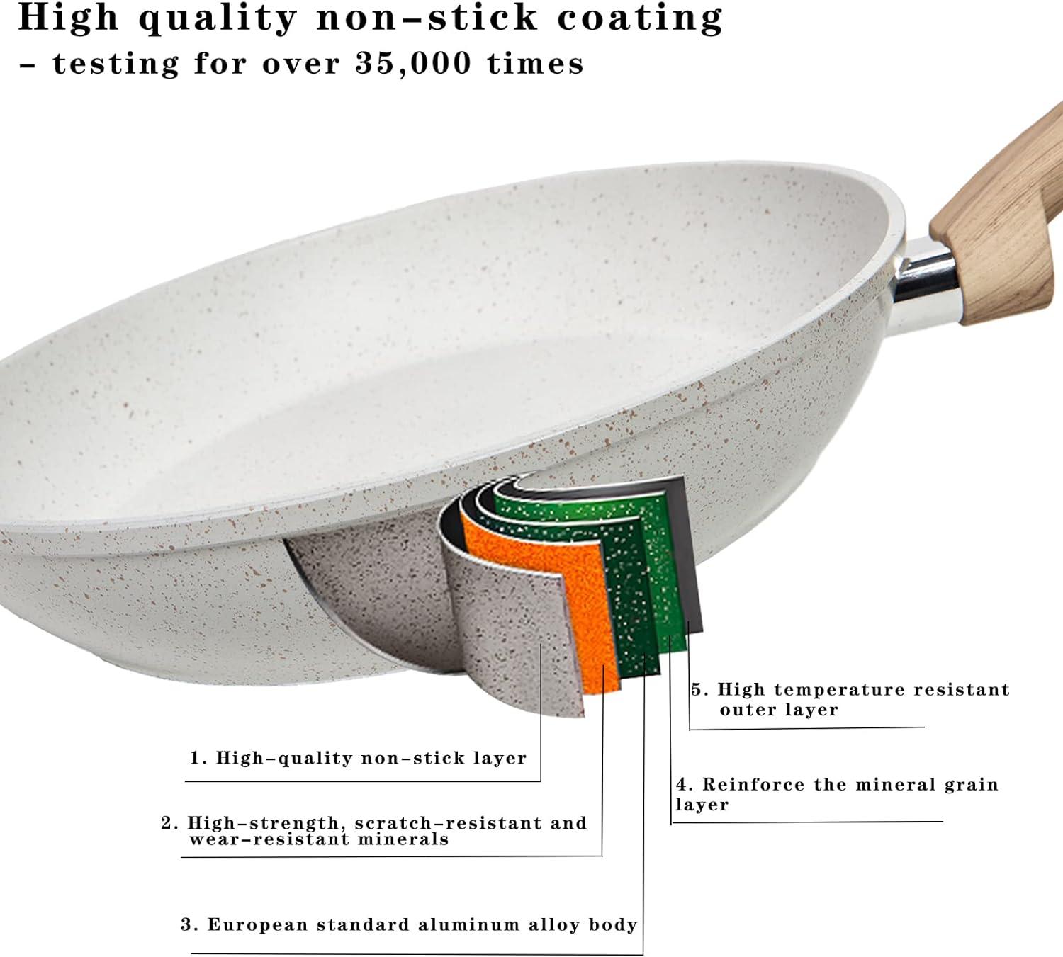 White Ceramic Non-Stick Cookware Set with Wood Handles