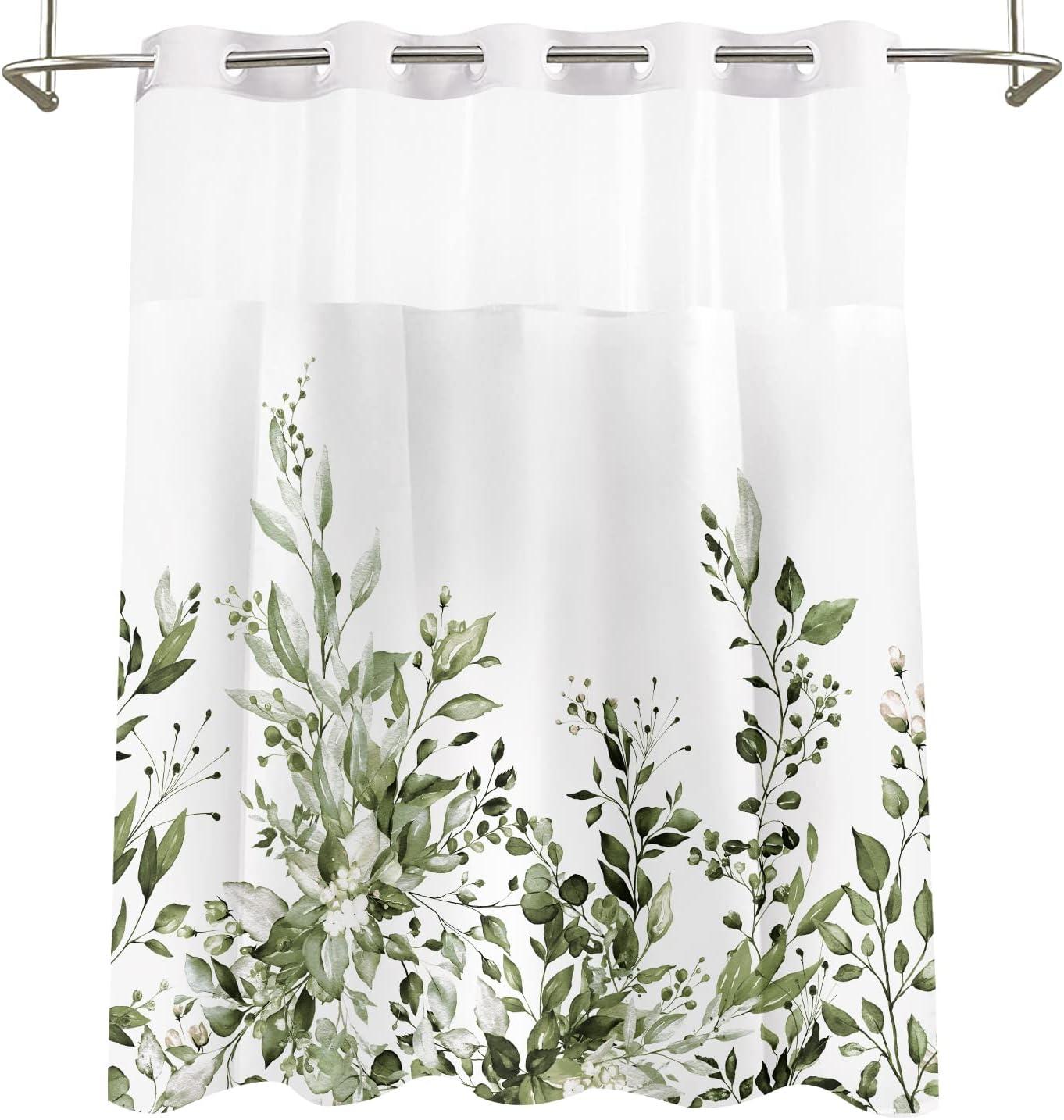 No Hook Shower Curtain with Snap in Liner, Eucalyptus Leaf Vintage Sage Green Leaves Hotel Shower Curtains for Bathroom, Washable Shower Curtain Liner Set with Mesh Top Window, 66"x72"