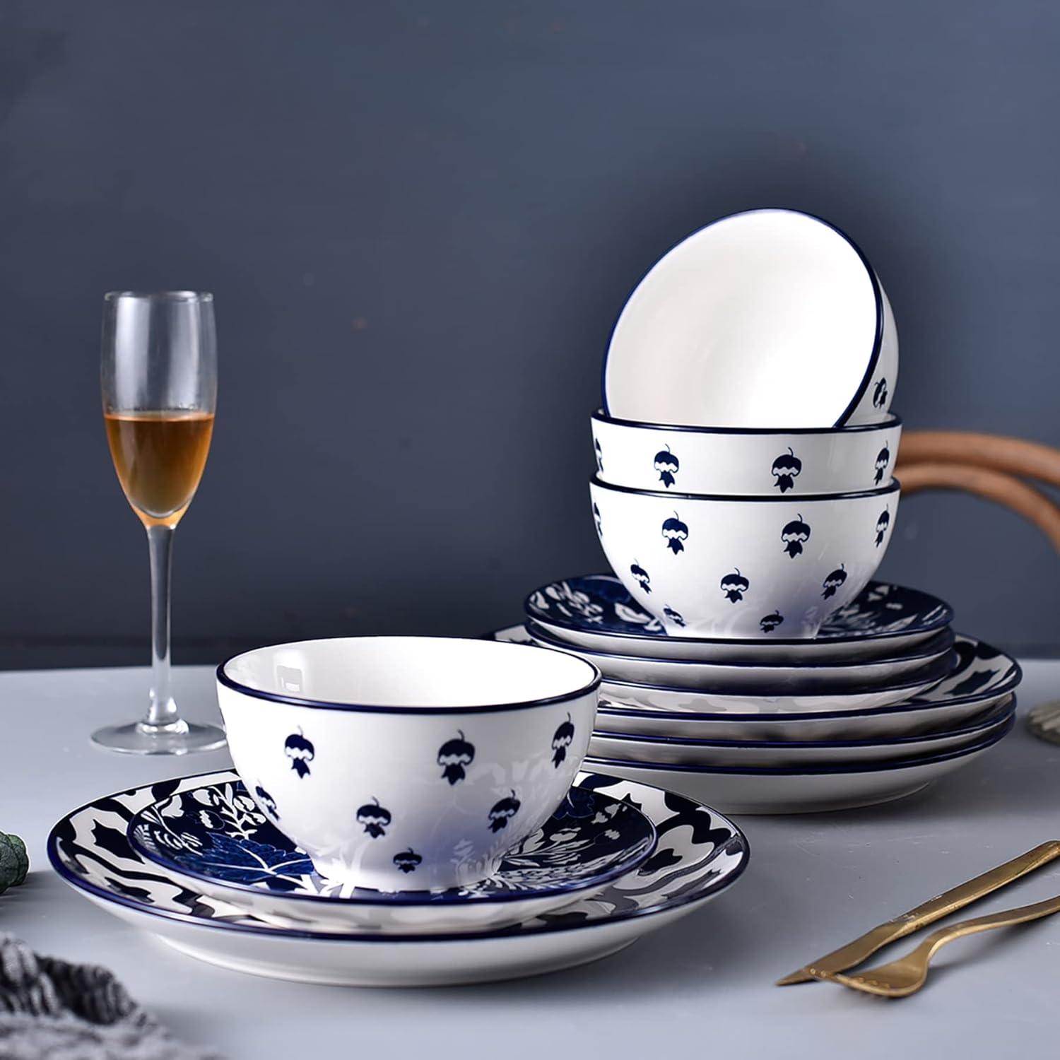 Wisenvoy Juegos de Vajilla Juegos de Platos y Tazones Juego de Platos de Cerámica Juego de Platos Vajilla de Gres Juego de Platos para 4 Azul