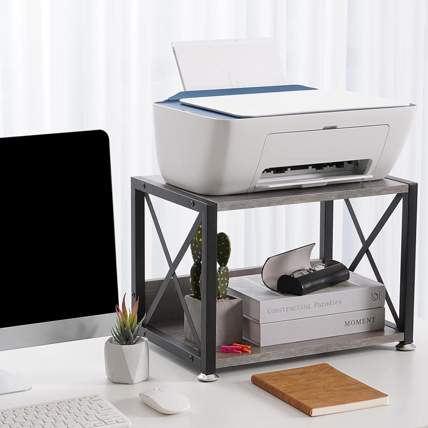 Gray MDF and Metal Two-Tier Desktop Printer Stand