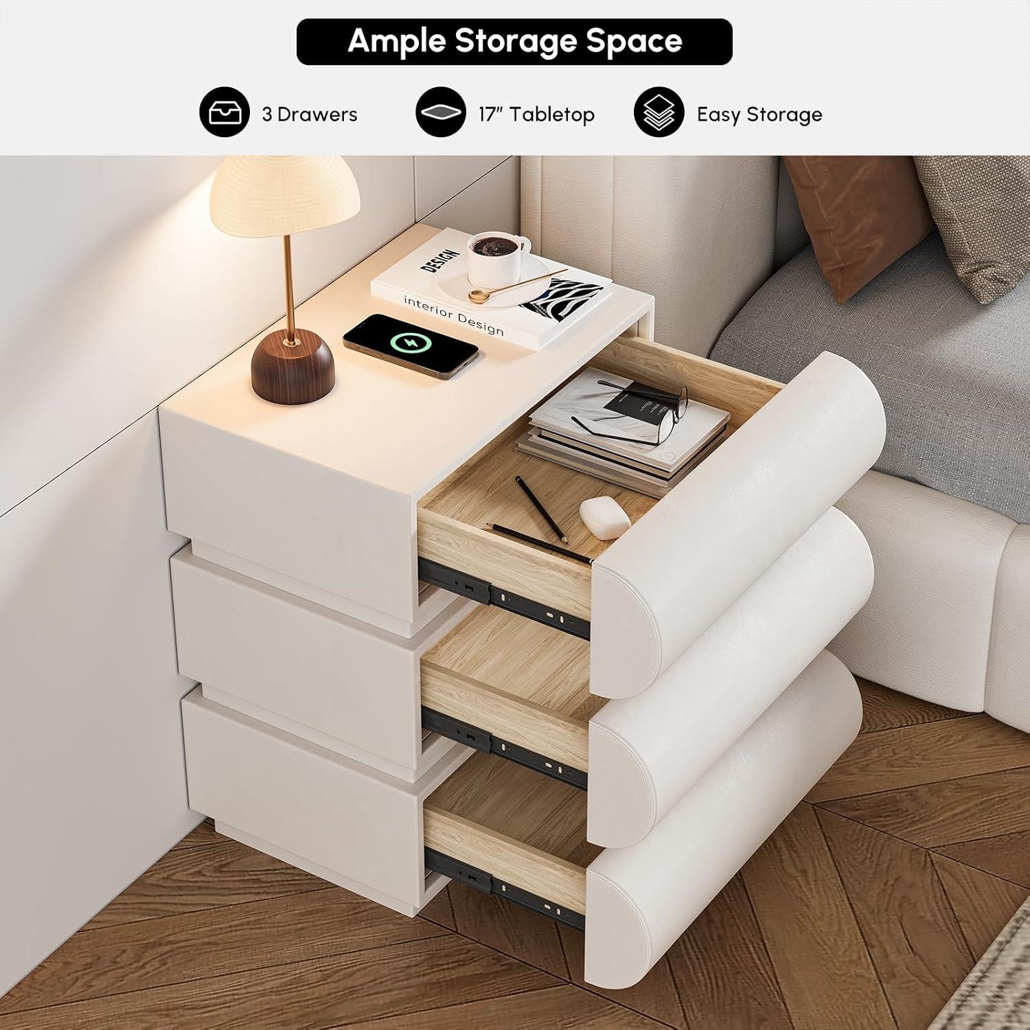 Humply Modern Leather Smart Nightstand with Wireless Charger Drawers Bedside Table