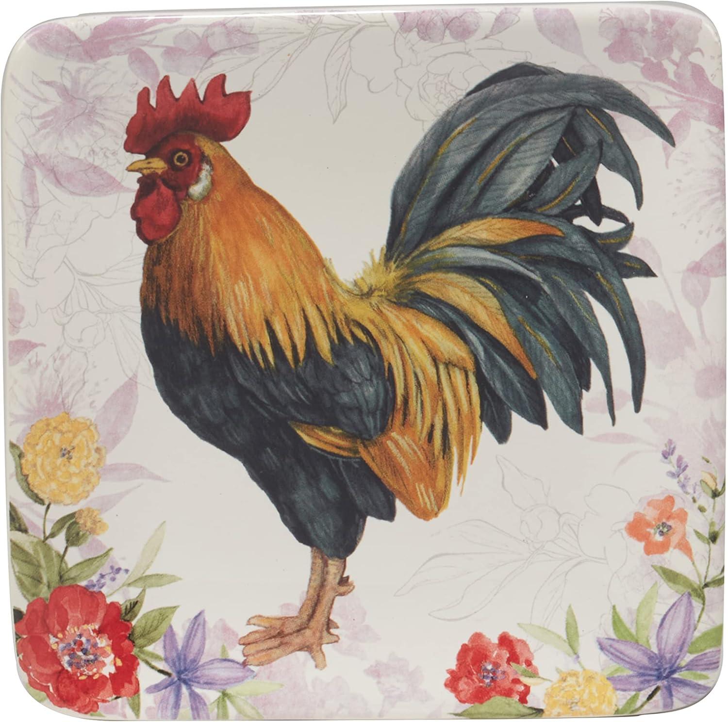 Hand-Painted Ceramic Rooster Square Salad Plates, Set of 4