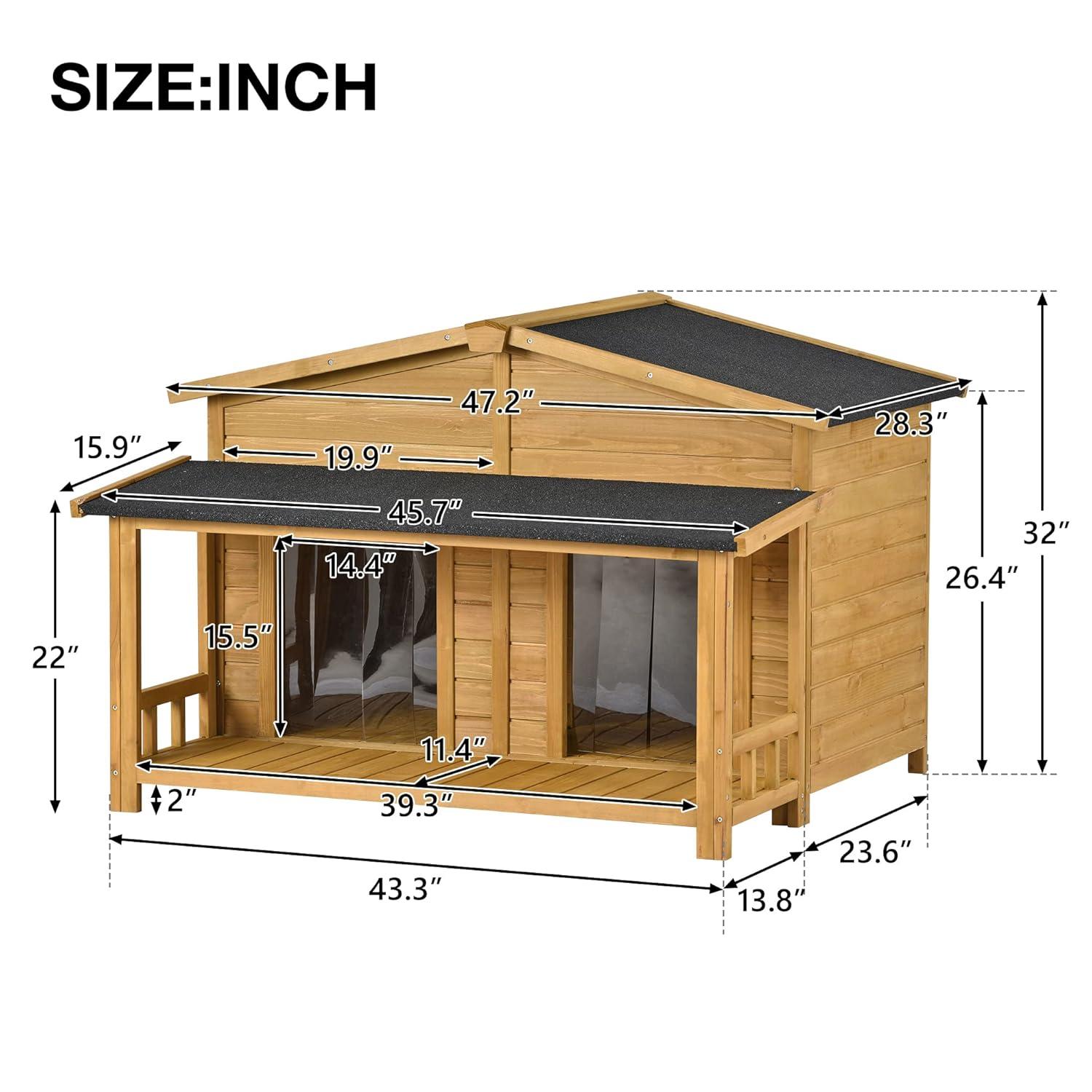 Harper & Bright Designs 47.2 inch Large Wooden Pet Outdoor Wooden Dog House with Porch, Dog Kennel Cabin Style Outdoor & Indoor Dog Crate, 2 Doors