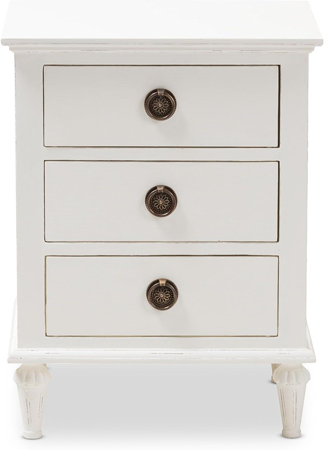 Whitewashed Mindi Wood 3-Drawer Nightstand with Bronze Hardware