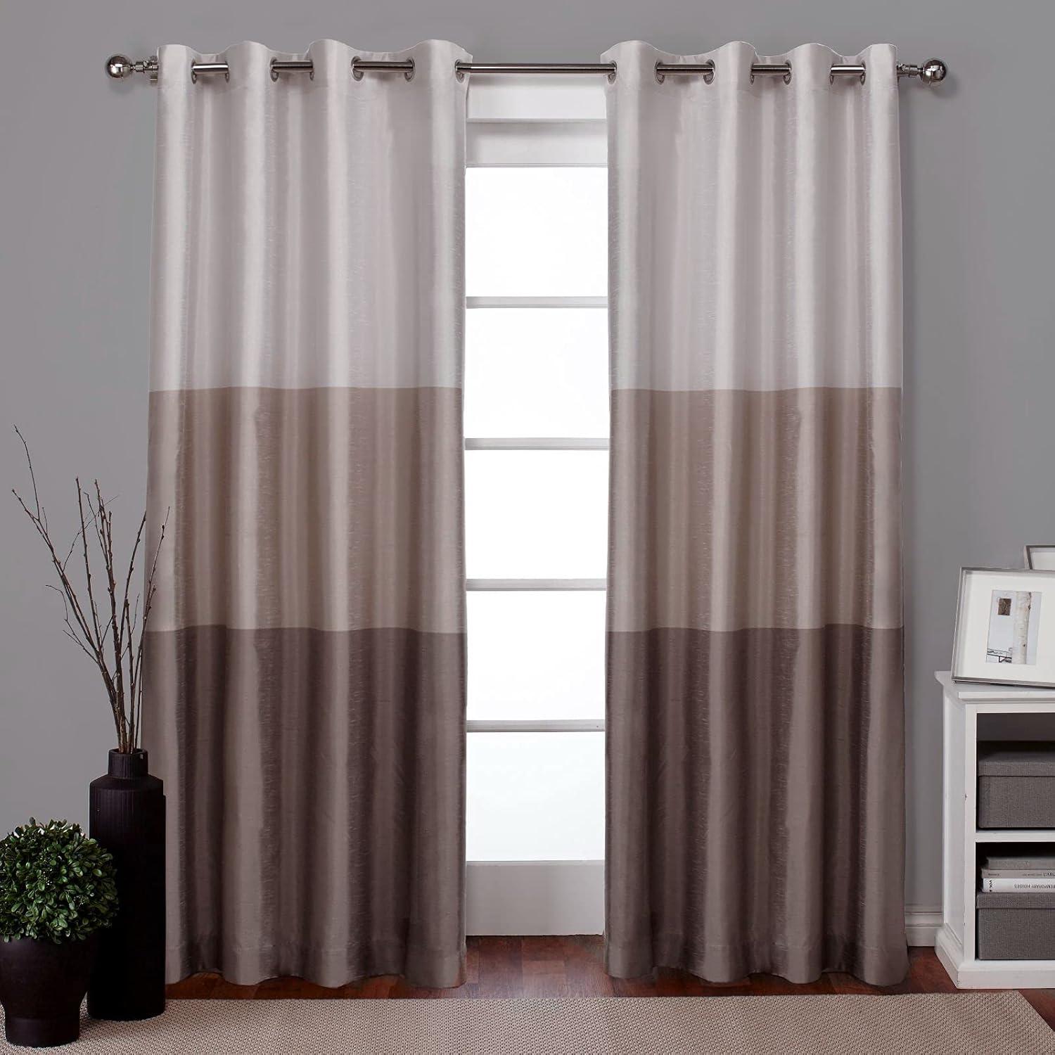 Set of 2 96"x54" Chateau Striped Faux Silk Grommet Top Window Curtain Panel Taupe: Room Darkening Drapes, Exclusive Home